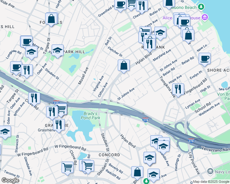 map of restaurants, bars, coffee shops, grocery stores, and more near 478 Hylan Boulevard in Staten Island