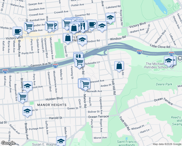 map of restaurants, bars, coffee shops, grocery stores, and more near 204 Schmidts Lane in Staten Island