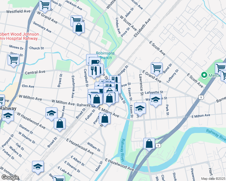 map of restaurants, bars, coffee shops, grocery stores, and more near 1574 Main Street in Rahway