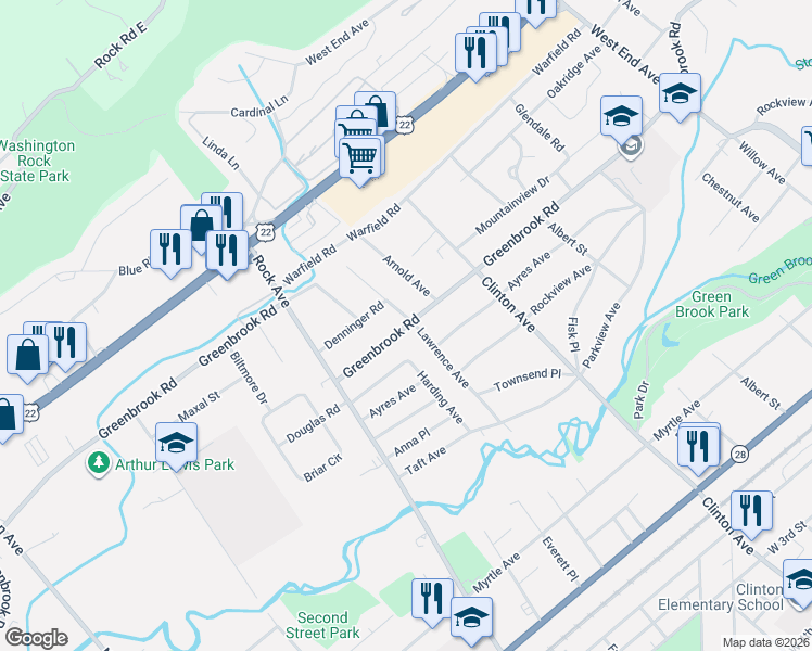 map of restaurants, bars, coffee shops, grocery stores, and more near 242 Lawrence Avenue in North Plainfield