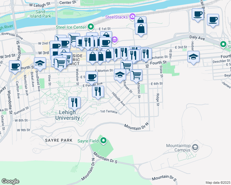 map of restaurants, bars, coffee shops, grocery stores, and more near 567 Hillside Avenue in Bethlehem