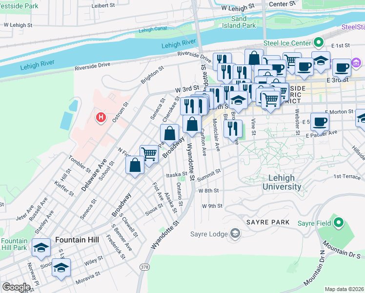 map of restaurants, bars, coffee shops, grocery stores, and more near 520 Pennsylvania 378 in Bethlehem
