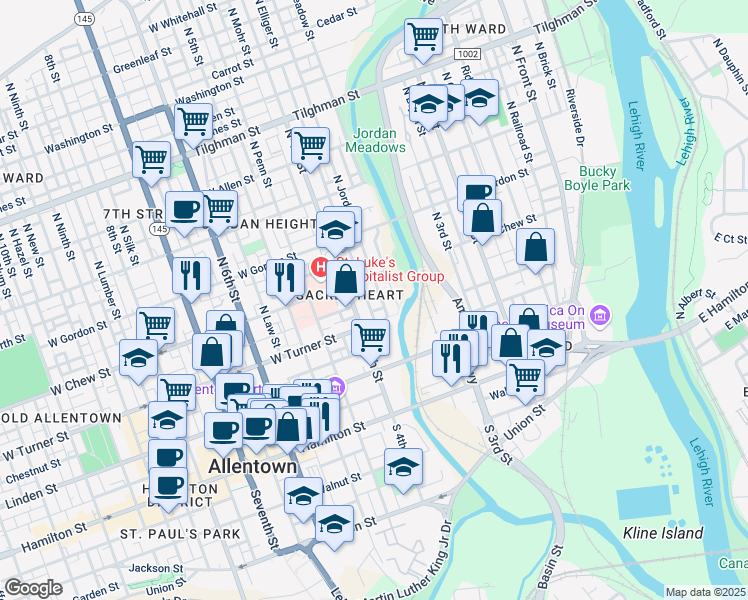 map of restaurants, bars, coffee shops, grocery stores, and more near 235 North Elliger Street in Allentown