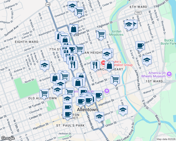map of restaurants, bars, coffee shops, grocery stores, and more near 323 North Law Street in Allentown