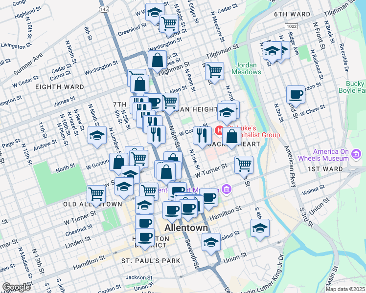 map of restaurants, bars, coffee shops, grocery stores, and more near 323 North Law Street in Allentown
