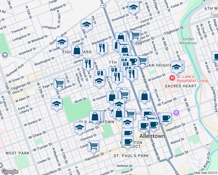 map of restaurants, bars, coffee shops, grocery stores, and more near in Allentown