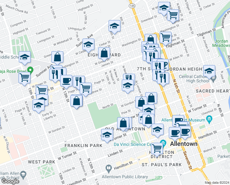 map of restaurants, bars, coffee shops, grocery stores, and more near 520 North 10th Street in Allentown