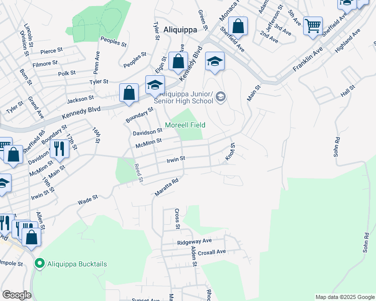 map of restaurants, bars, coffee shops, grocery stores, and more near 1132 Main Street in Aliquippa