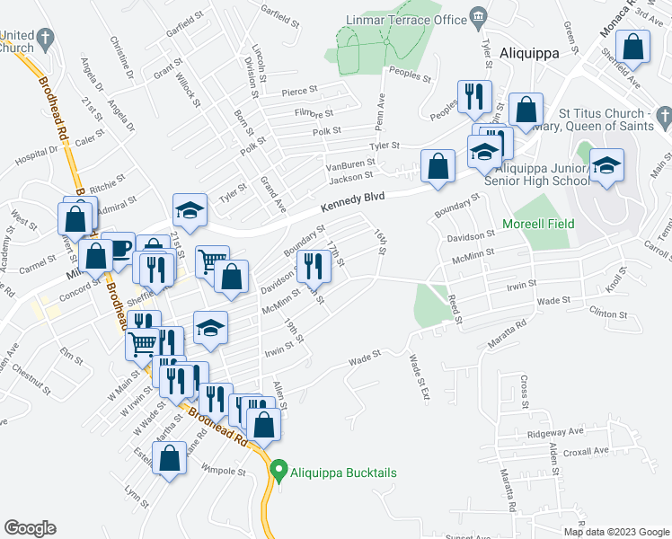 map of restaurants, bars, coffee shops, grocery stores, and more near 1705 McMinn Street in Aliquippa