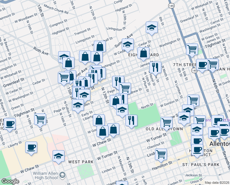 map of restaurants, bars, coffee shops, grocery stores, and more near 612 North 12th Street in Allentown
