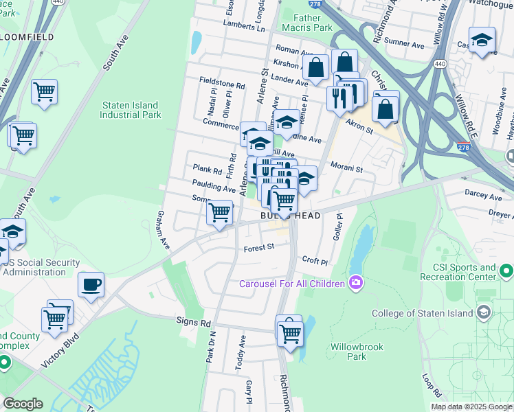 map of restaurants, bars, coffee shops, grocery stores, and more near 61 Sommer Avenue in Staten Island