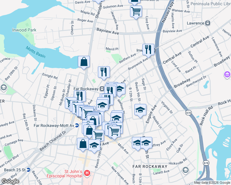 map of restaurants, bars, coffee shops, grocery stores, and more near 12-84 Central Avenue in Queens