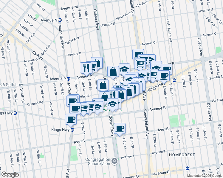 map of restaurants, bars, coffee shops, grocery stores, and more near 1746 East 7th Street in Brooklyn