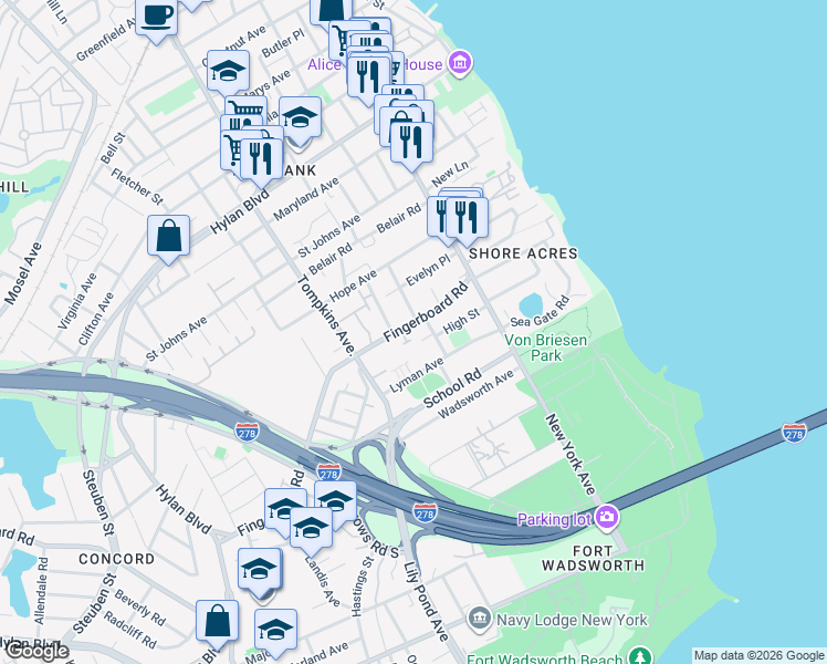 map of restaurants, bars, coffee shops, grocery stores, and more near 93 Fingerboard Road in Staten Island