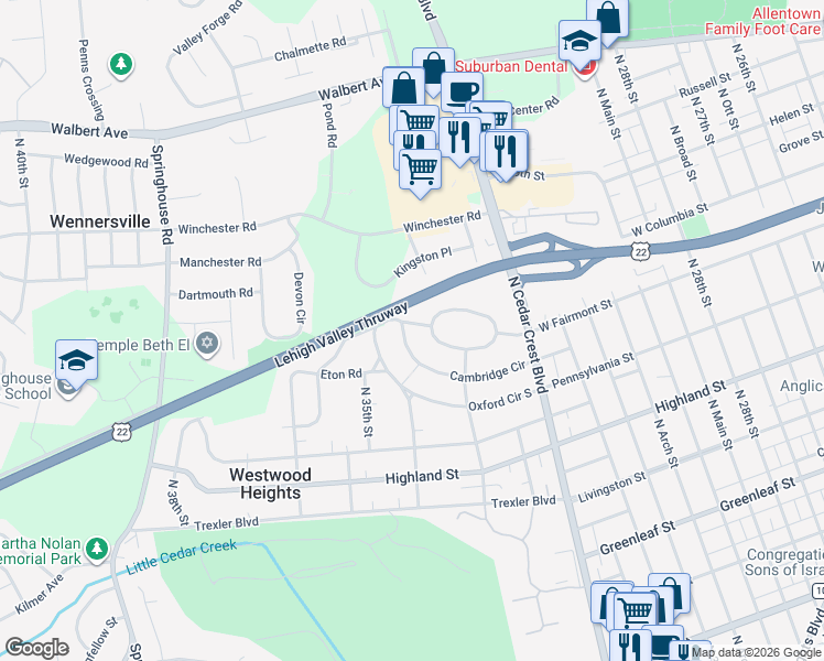 map of restaurants, bars, coffee shops, grocery stores, and more near 3407 Edinburgh Road in Allentown