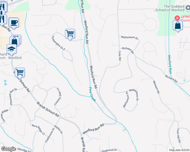 map of restaurants, bars, coffee shops, grocery stores, and more near 2560 Wexford Run Road in Wexford