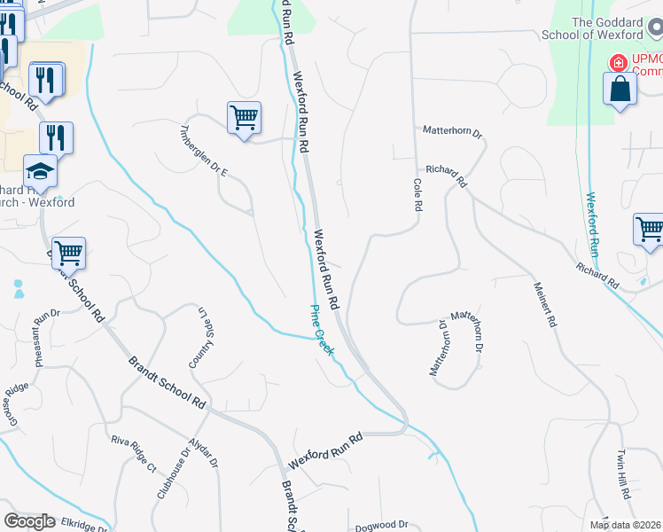 map of restaurants, bars, coffee shops, grocery stores, and more near 2560 Wexford Run Road in Wexford