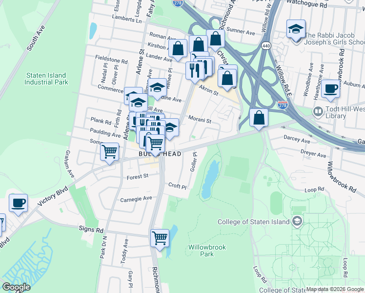map of restaurants, bars, coffee shops, grocery stores, and more near 86 Gary Court in Staten Island