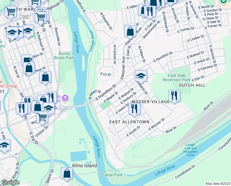 map of restaurants, bars, coffee shops, grocery stores, and more near 235 East Maple Street in Allentown