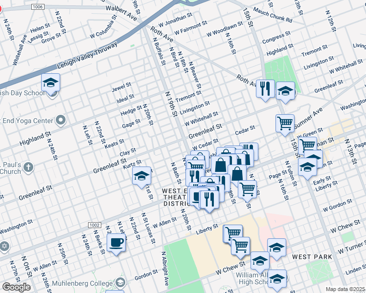 map of restaurants, bars, coffee shops, grocery stores, and more near 838-840 North 19th Street in Allentown