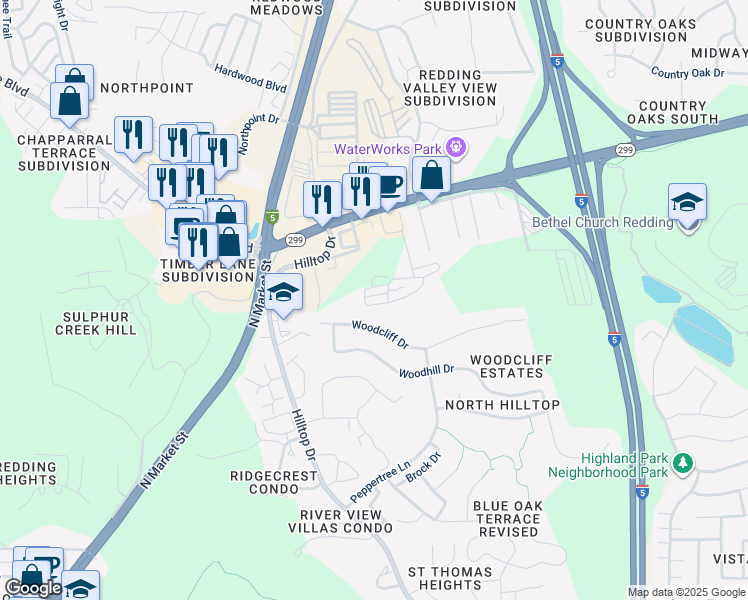 map of restaurants, bars, coffee shops, grocery stores, and more near 11037 Erickson Way in Redding