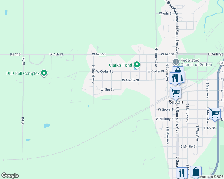 map of restaurants, bars, coffee shops, grocery stores, and more near 201 North Grand Avenue in Sutton