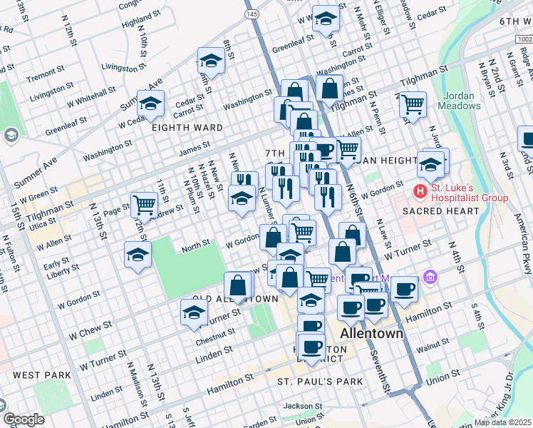 map of restaurants, bars, coffee shops, grocery stores, and more near 430 North Refwal Street in Allentown