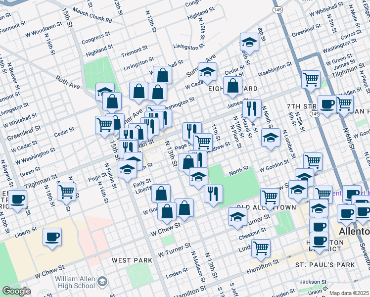 map of restaurants, bars, coffee shops, grocery stores, and more near 1221 West Allen Street in Allentown