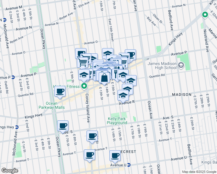 map of restaurants, bars, coffee shops, grocery stores, and more near 1703 East 14th Street in Brooklyn