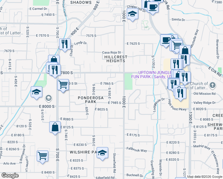 map of restaurants, bars, coffee shops, grocery stores, and more near 7899 South 930 East in Sandy