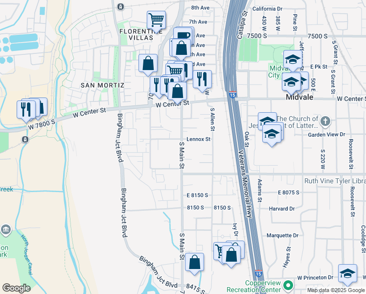 map of restaurants, bars, coffee shops, grocery stores, and more near 7882 Main Street in Midvale