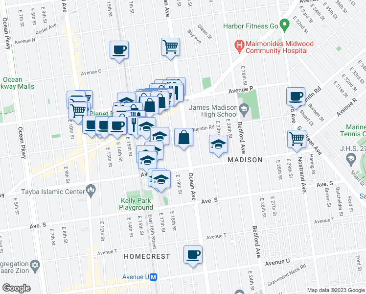 map of restaurants, bars, coffee shops, grocery stores, and more near 2205 Ocean Avenue in Brooklyn