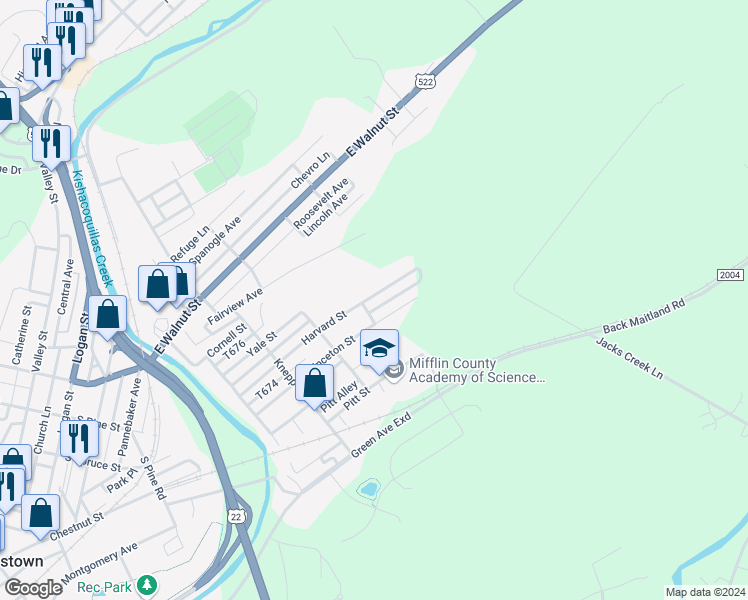 map of restaurants, bars, coffee shops, grocery stores, and more near 708 Harvard Street in Lewistown