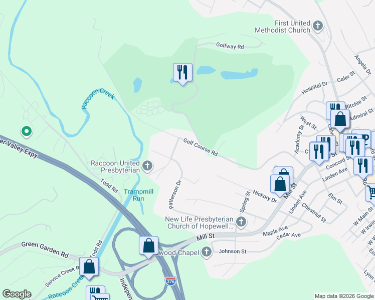 map of restaurants, bars, coffee shops, grocery stores, and more near 606 Golf Course Road in Aliquippa
