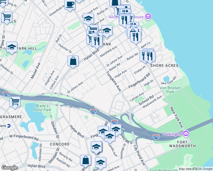 map of restaurants, bars, coffee shops, grocery stores, and more near 43 Beethoven Street in Staten Island