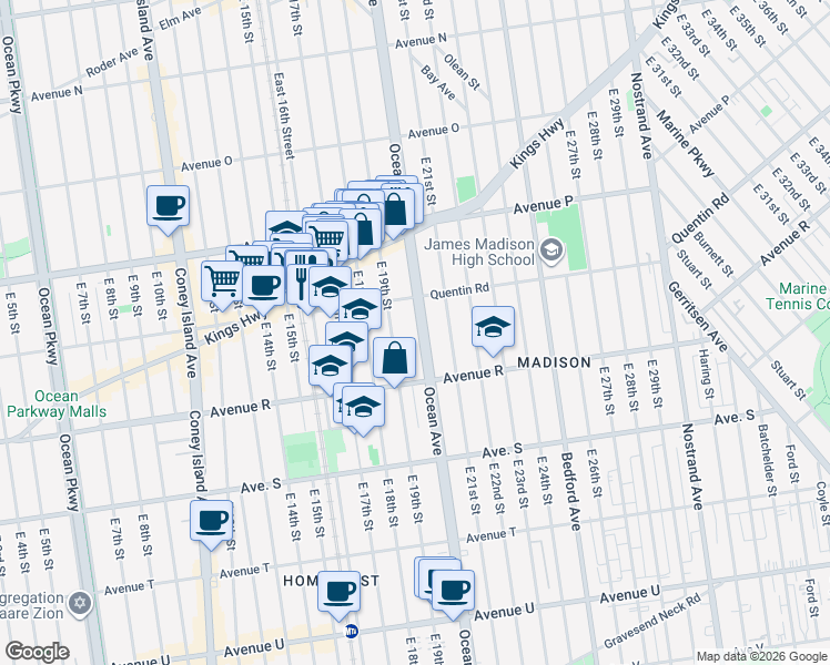 map of restaurants, bars, coffee shops, grocery stores, and more near 2205 Ocean Avenue in Brooklyn