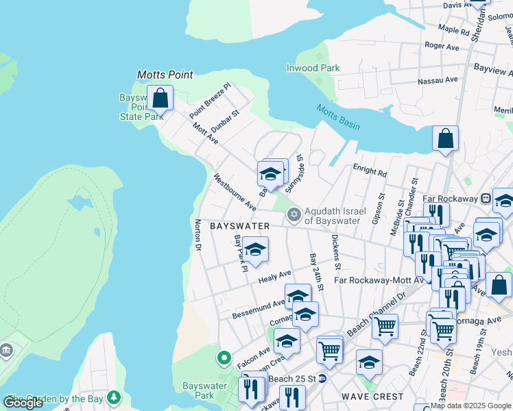 map of restaurants, bars, coffee shops, grocery stores, and more near 26-01 Mott Avenue in Queens