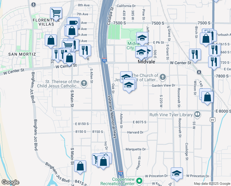 map of restaurants, bars, coffee shops, grocery stores, and more near 7885-7887 Oak Street in Midvale