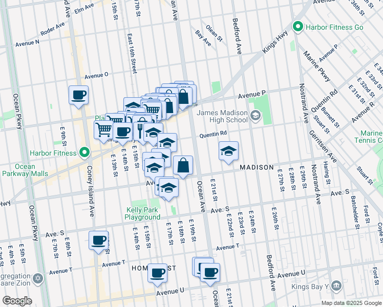 map of restaurants, bars, coffee shops, grocery stores, and more near 2205 Ocean Avenue in Brooklyn
