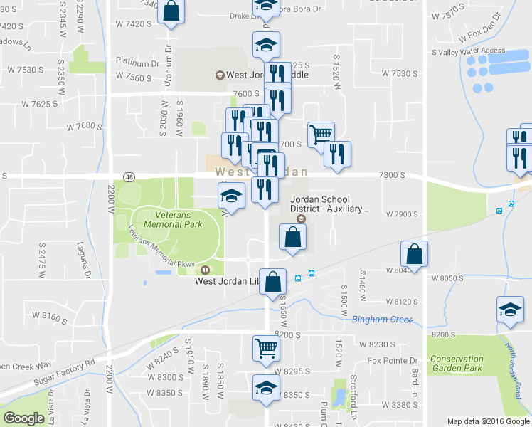 map of restaurants, bars, coffee shops, grocery stores, and more near 7872 South Redwood Road in West Jordan