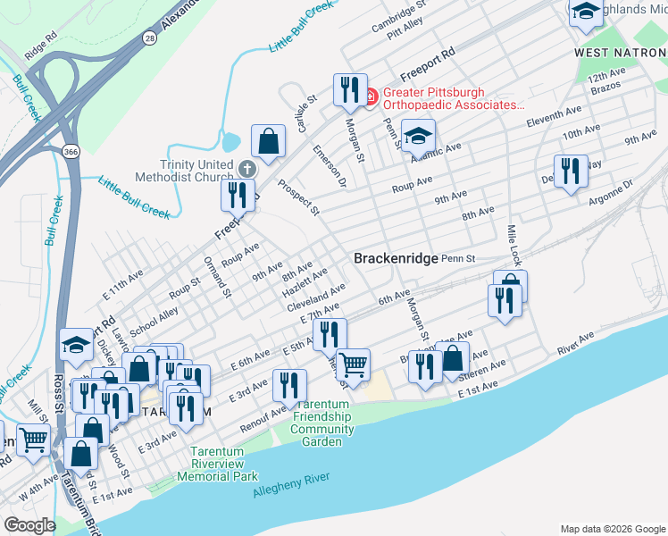 map of restaurants, bars, coffee shops, grocery stores, and more near 856 8th Avenue in Brackenridge