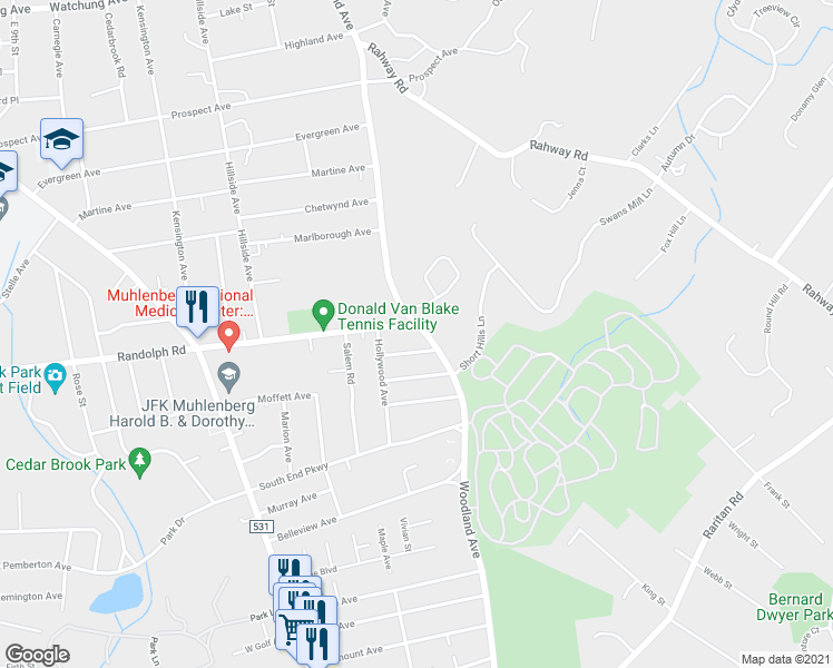 map of restaurants, bars, coffee shops, grocery stores, and more near 1200-10 Woodland Avenue in Plainfield