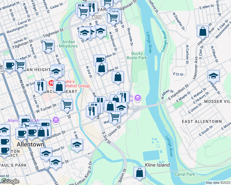 map of restaurants, bars, coffee shops, grocery stores, and more near 154 Chestnut Street in Allentown