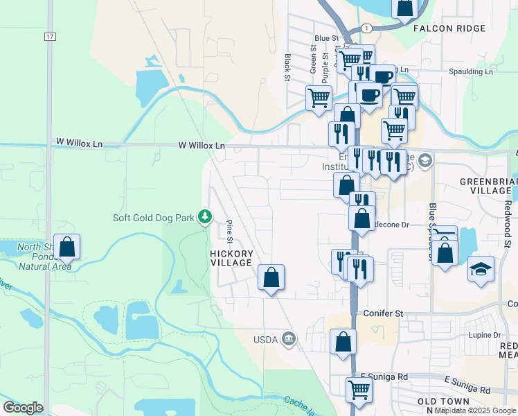 map of restaurants, bars, coffee shops, grocery stores, and more near 1601 North College Avenue in Fort Collins