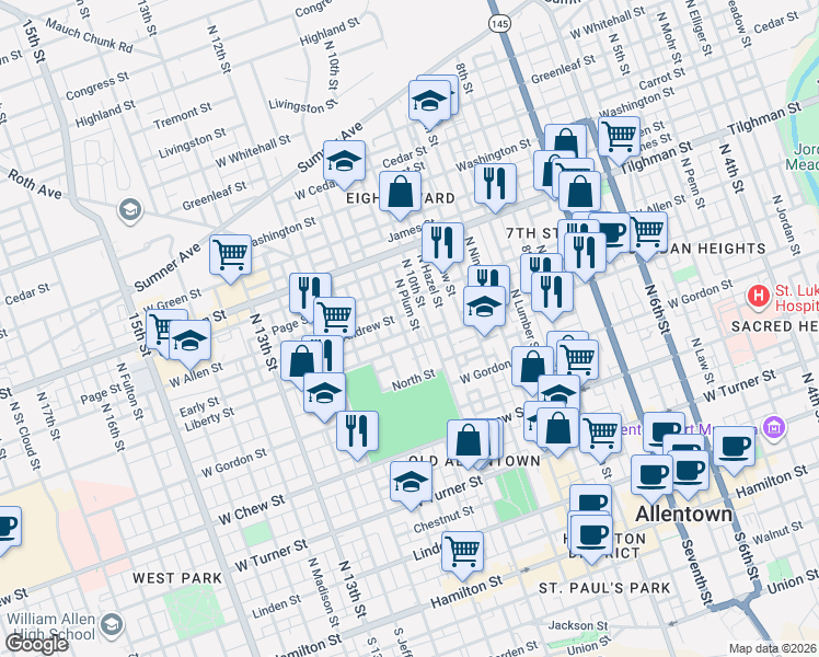 map of restaurants, bars, coffee shops, grocery stores, and more near 520 North 10th Street in Allentown