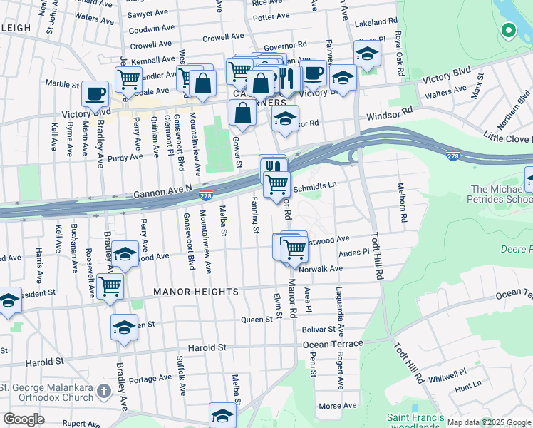 map of restaurants, bars, coffee shops, grocery stores, and more near 148 Elvin Street in Staten Island