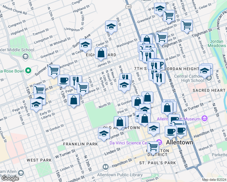 map of restaurants, bars, coffee shops, grocery stores, and more near 945 Liberty Street in Allentown