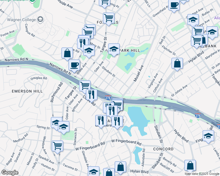 map of restaurants, bars, coffee shops, grocery stores, and more near 179A Pierce Street in Staten Island