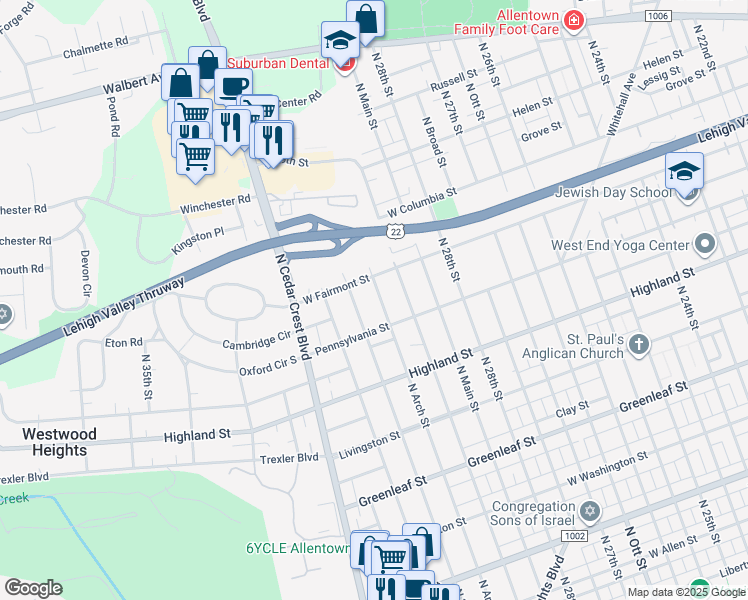 map of restaurants, bars, coffee shops, grocery stores, and more near 1259 North 30th Street in Allentown