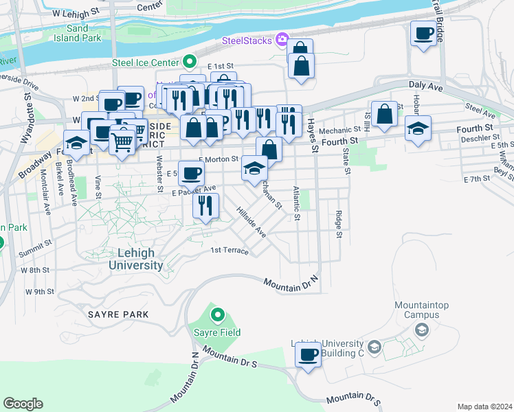 map of restaurants, bars, coffee shops, grocery stores, and more near 520 Thomas Street in Bethlehem